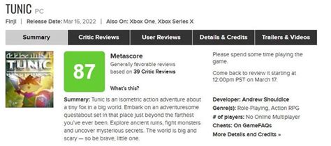 tunic metacritic.